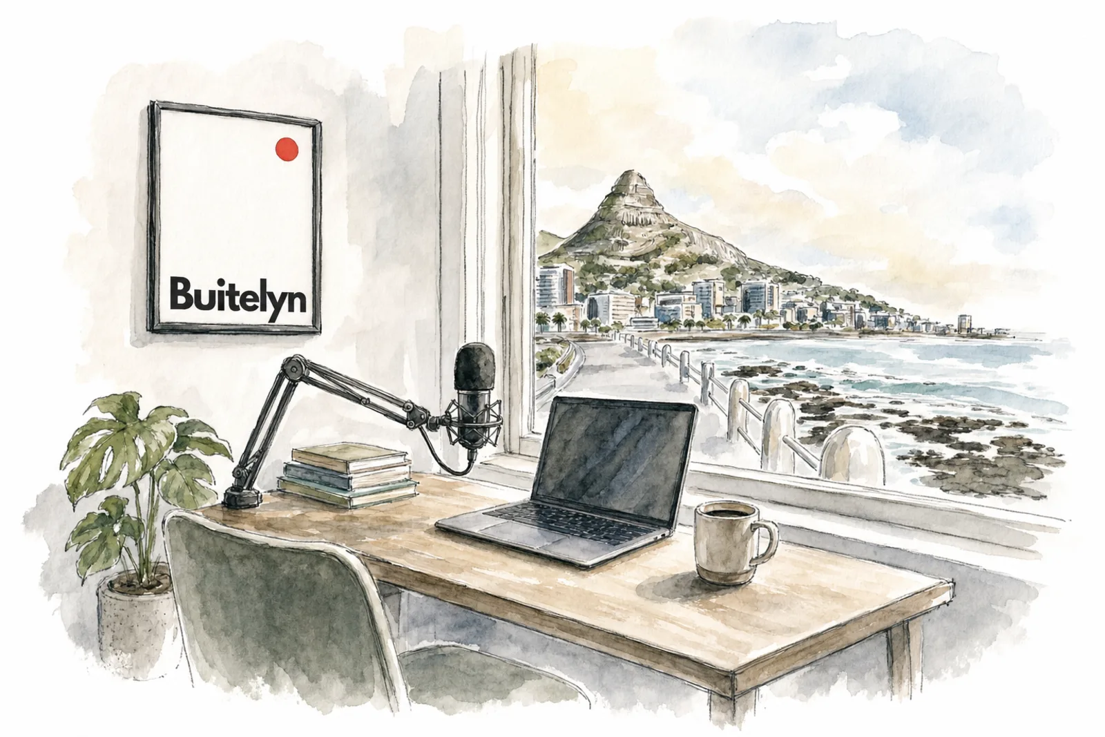 Watercolour of a desk by a window over the sea, a microphone and laptop, a framed Buitelyn print on the wall