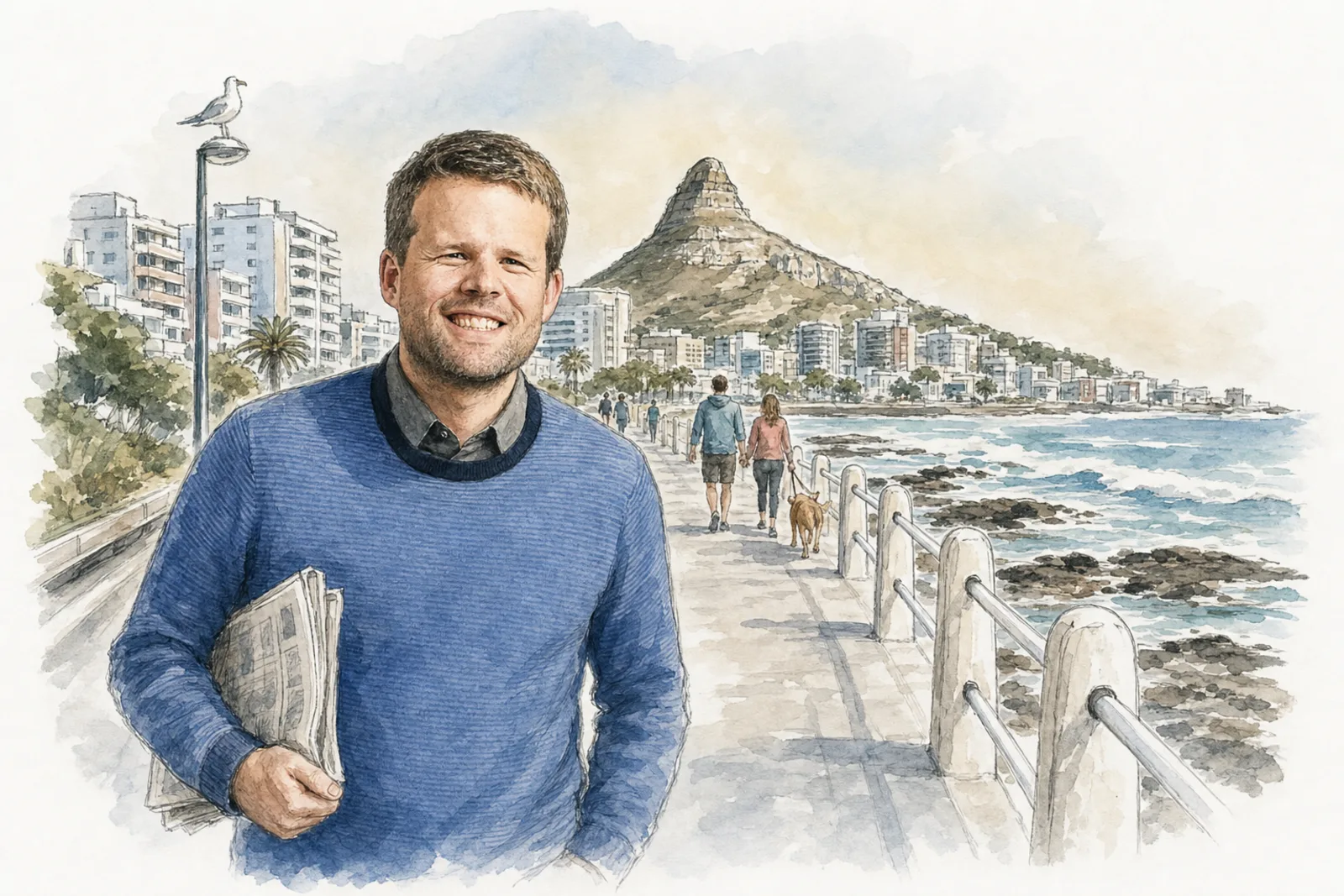 Watercolour of A-P on the Sea Point promenade, newspaper under his arm, Lion's Head behind