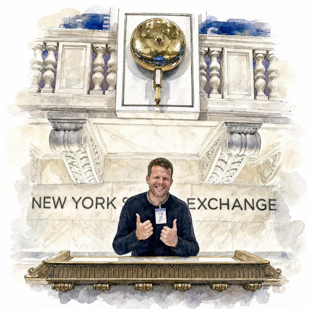 Watercolour of A-P giving two thumbs up at the New York Stock Exchange bell podium