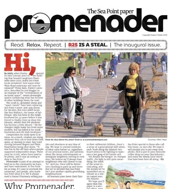 Front page of the first Promenader: “Hi,” and two women walking dogs on the promenade