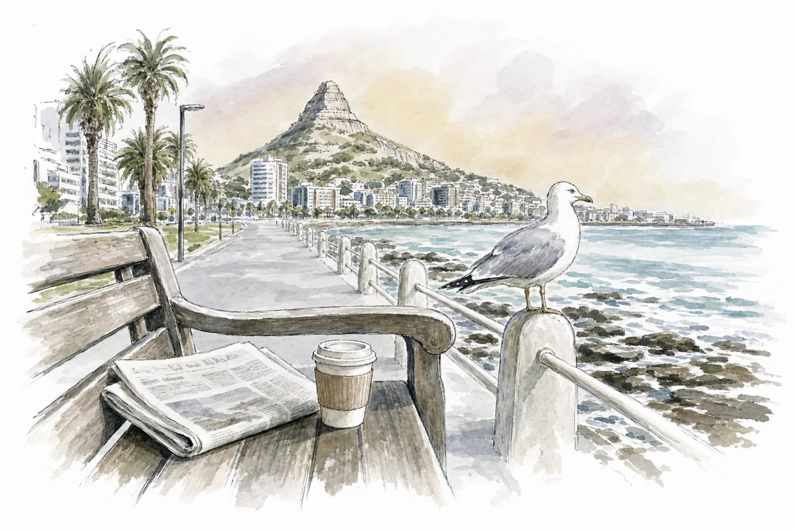 Watercolour of a folded newspaper and a coffee on a promenade bench, a gull on the armrest