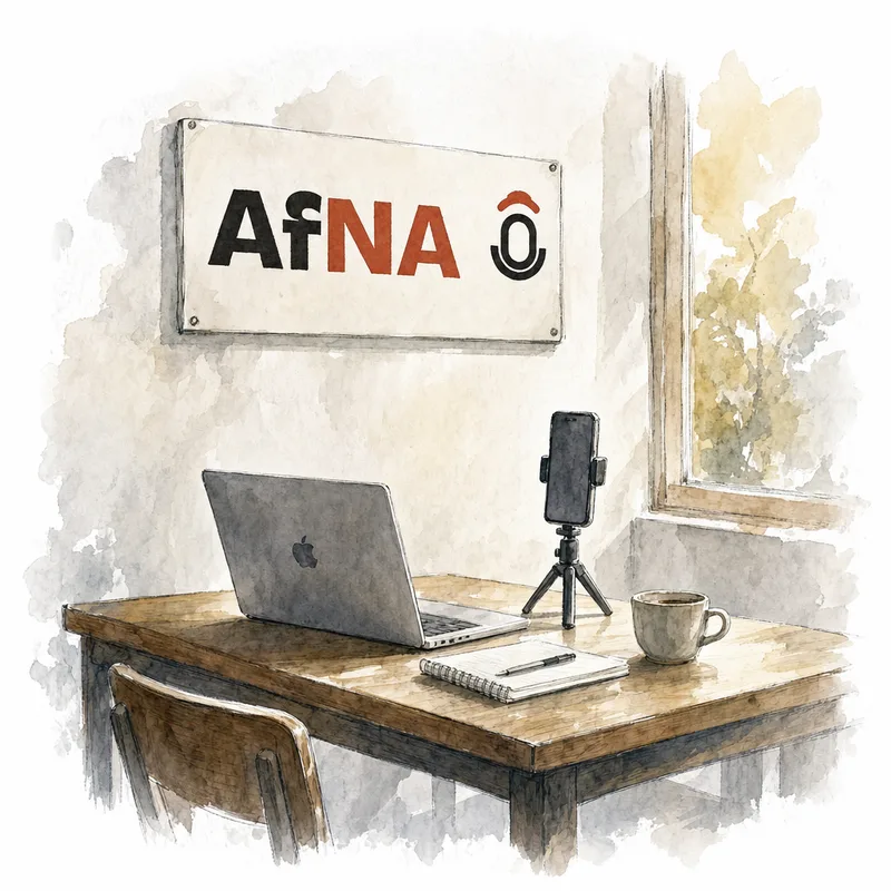Watercolour of the AfNA sign on a newsroom wall, a MacBook and a phone on a tripod on the table below