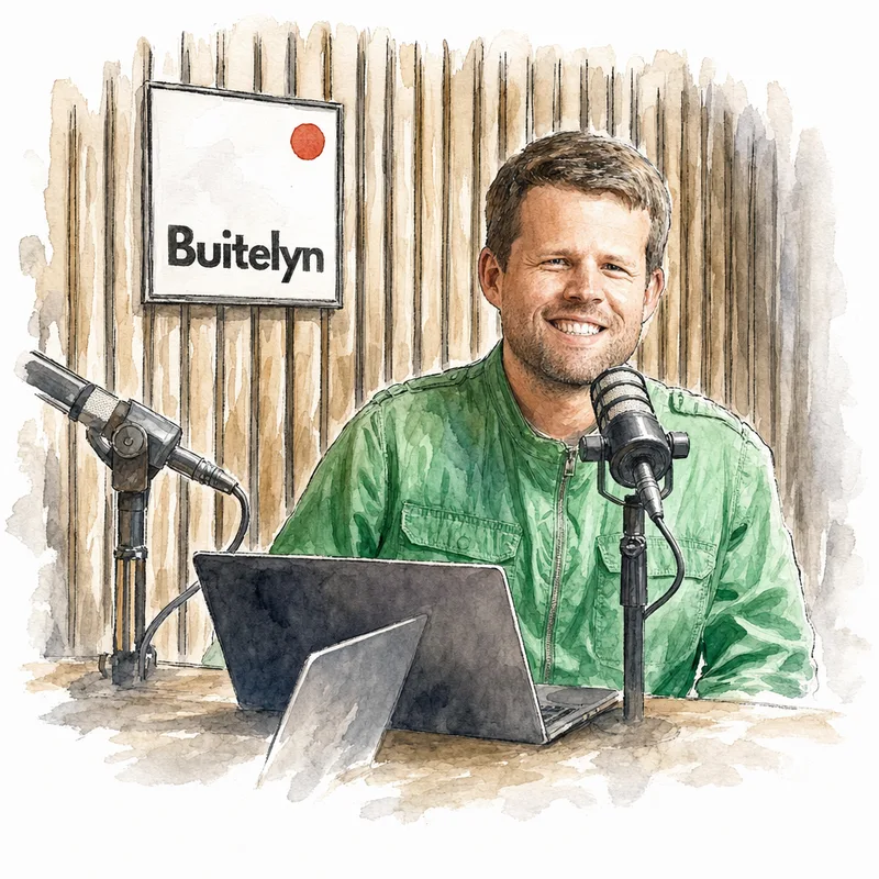 Watercolour of A-P at the microphone in the Buitelyn studio