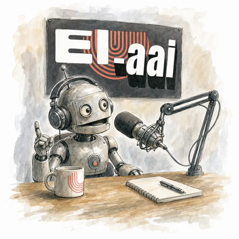 Watercolour of a small robot in headphones at a podcast microphone, the Ei-Aai poster behind