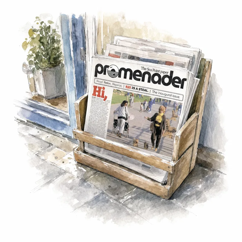 Watercolour of the Promenader in a wooden newspaper rack outside a Sea Point shop
